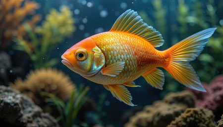 A close-up view of a vibrant orange fish gracefully swimming in a well-decorated aquarium.の素材