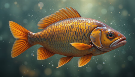 A digitally painted image showcases a detailed golden fish swimming in an underwater setting with bokeh effect.の素材