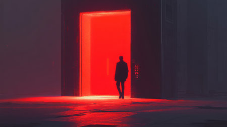 A silhouette of a person entering a building through a brightly illuminated, red doorway in a dark, misty environment.の素材