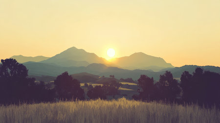 A serene mountain vista at sunrise, showcasing golden light illuminating a field and hills.の素材