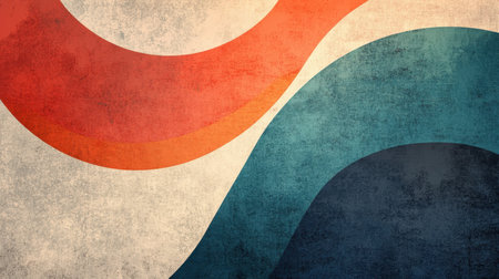 Abstract art featuring red and blue wave patterns on a textured background.の素材