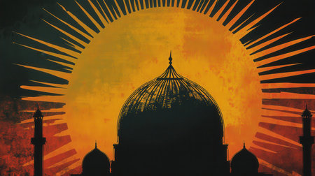 A silhouette of a domed building with minarets against a glowing sunset.の素材