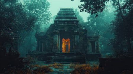 An ancient stone temple hidden in a misty forest.の素材