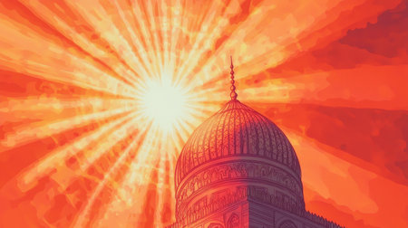 A domed building illuminated by the setting sun's rays.の素材