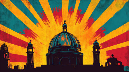 A stylized image of a domed building with vibrant sunrise rays in the background.の素材