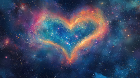 A heart-shaped cosmic nebula with vibrant colors in deep space.の素材