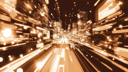 A digital cityscape seen from a fast-moving vehicle, highlighting its urban and technological aspects.の素材