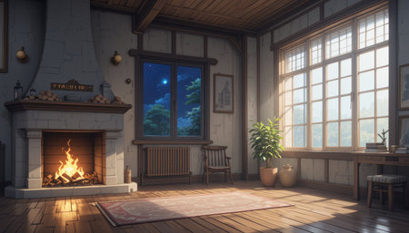 A digitally rendered illustration depicts a comfortable room with a fireplace, large windows showing both day and night views, and warm lighting.の素材
