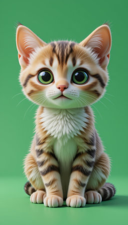 Digital rendering of a small, adorable kitten with large eyes, sitting against a vibrant green background.  The kitten is meticulously detailed with soft fur and expressive features.の素材