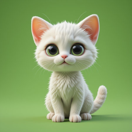 Digitally rendered, adorable, white kitten with large eyes, sitting against a vibrant lime green backdrop.  It has a charming, cartoonish aesthetic.の素材