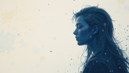 Muted, stylized portrait of a woman in profile, with long flowing hair, against a light cream background. The image evokes a feeling of serenity and contemplation.の素材