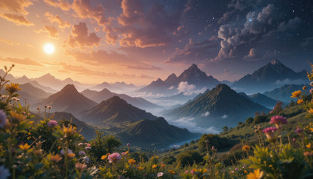 Breathtaking mountain vista at sunrise, filled with colorful wildflowers and mist-shrouded peaks. Lush vegetation adorns the valleys below.の素材