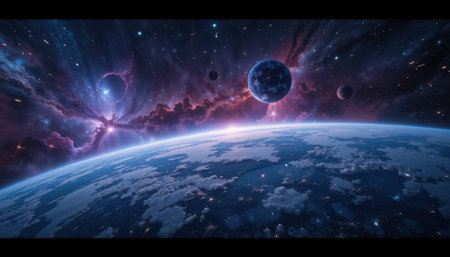 Breathtaking panoramic view of the earth, surrounded by cosmic entities and a stellar, colorful nebula.の素材
