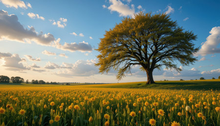 Picturesque, expansive view of a golden field filled with wildflowers beneath a clear blue sky, showcasing a large tree in the center of the image.の素材