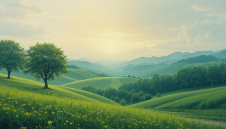 Picturesque landscape of rolling hills covered with lush greenery,  illuminated by a warm golden light.  Small trees dot the meadow, creating a tranquil and peaceful scene.の素材