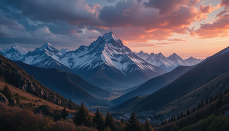 Breathtaking mountain vista at sunset, showcasing a dramatic range of peaks with a valley below. Snow-capped summits are visible against a colorful sky.の素材