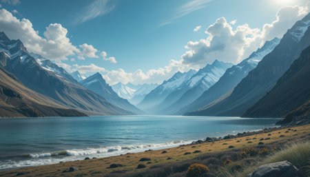 Tranquil mountain lake, framed by snow-capped peaks and a vibrant blue sky, with a sense of peacefulness.の素材