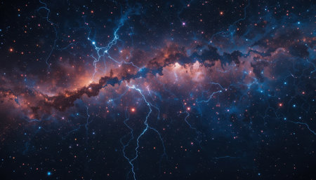 Breathtaking view of a cosmic nebula, filled with vibrant colors and powerful electrical discharges, set against a backdrop of countless stars.の素材