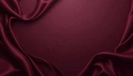 Close-up view of luxurious maroon silk fabric draped in an elegant frame. The material is smooth and has a deep color.の素材