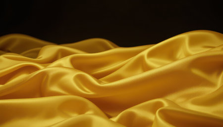 Close-up view of a golden satin material, exhibiting a luxurious texture and fluid folds, set against a deep black backdrop.の素材