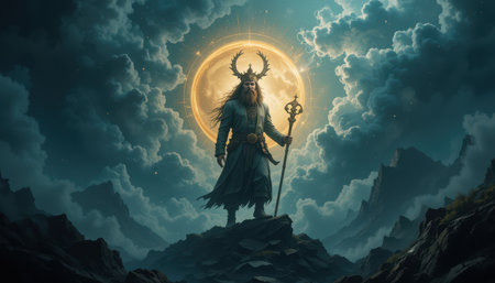 Digital illustration of a tall figure, seemingly a mythical or supernatural being, positioned atop a rocky outcrop against a backdrop of a cloudy night sky and a large full moon.の素材