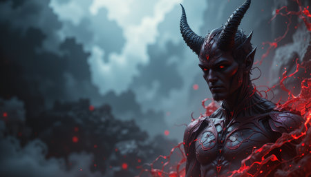 Digital illustration of a male figure resembling a demon, set against a backdrop of dramatic smoke and fiery textures. The figure&#39;s intense expression and dark, imposing presence create a dramatic and evil ambiance.の素材