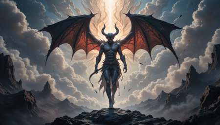 Powerful demonic figure with large wings stands atop a rocky mountain peak, set against a dramatic sky filled with clouds and light.の素材