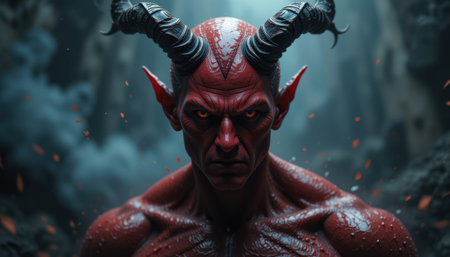 Close-up image of a powerful demonic figure, set against a backdrop of fire and smoke-filled ruins.  The figure&#39;s intense gaze and menacing expression are emphasized by dramatic lighting.の素材