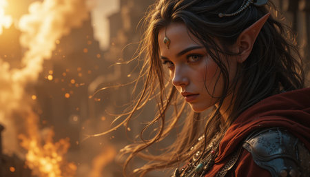 Beautiful woman with long brown hair and elf-like ears,  with a determined expression,  set against a dramatic backdrop of fire and ruins.の素材