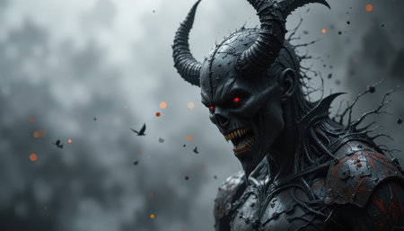 Digital illustration of a malevolent demon, displayed against a stormy, smoky background.  The demon is menacing and detailed with horns and armor.の素材