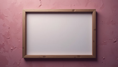 Light-colored wooden picture frame against a textured, pale pink background, showcasing a blank canvas space.の素材