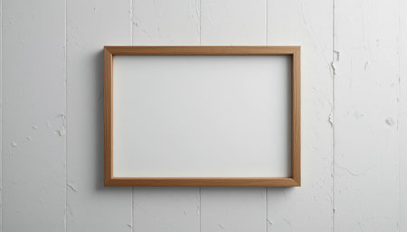 Light beige wooden picture frame against a neutral white wall, showcasing a blank canvas.の素材