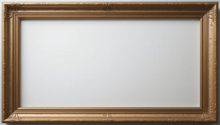 High-resolution, detailed image of a gold-colored picture frame,  featuring an empty interior space against a light backdrop. The frame exhibits intricate, decorative details.の素材