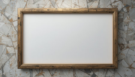 Blank, white canvas with a gold frame, presented against a  stone-like, textured backdrop. The picture frame is oriented horizontally.の素材