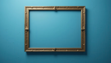 Decorative gold picture frame is showcased against a vibrant teal backdrop, with a blank interior space.の素材