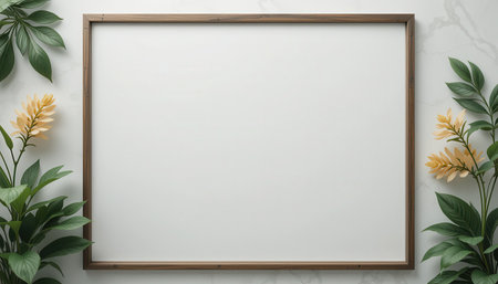 Empty, light-colored wooden frame, set against a white marble surface, and framed by tropical-looking leaves and yellow blooms.の素材