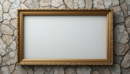 Empty gold picture frame, set against a textured stone wall. The frame displays a white surface.の素材