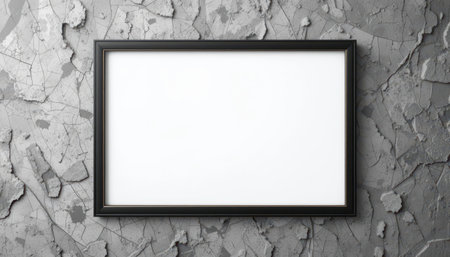 Black framed, empty white canvas, mounted on a textured, gray concrete wall.の素材