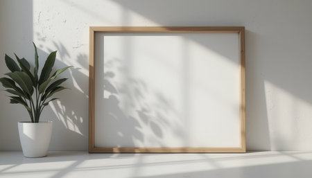 Blank, light-brown framed canvas, placed within a sun-drenched room.  A small plant sits nearby in a white pot.の素材