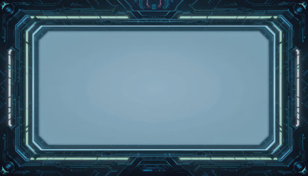 A digital display with a futuristic technological frame and a blank light blue screen in the center.の素材