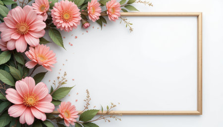 A light pink flower arrangement surrounds a blank wooden frame on a white background, creating a visually appealing floral border.の素材