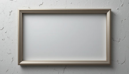 Blank, light beige picture frame on a speckled, textured wall, suitable for mockup use.の素材