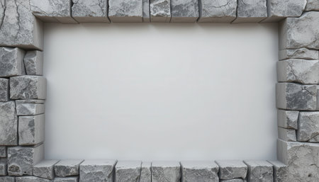 A rectangular white space is framed by irregularly shaped grey stones creating a rustic yet modern design element.の素材