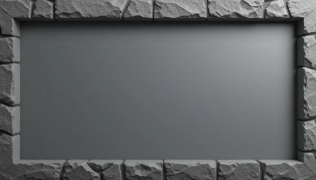 A rectangular grey background framed by a rough textured stone border, ideal for a mockup or template.の素材