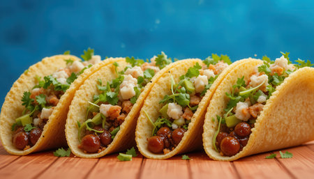 Group of  tacos, filled with savory ingredients, sit arranged on a wooden surface. The vibrant blue background adds a complementary backdrop to the food.の素材