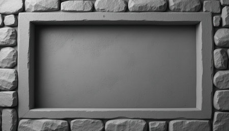 A gray recessed panel within a stone wall frame provides a blank space ideal for design or text placement.の素材