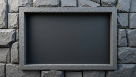 A dark gray rectangular signboard is set within a stone wall frame providing a blank space for text or images.の素材