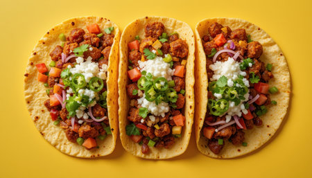 Overhead view of three tacos with various colorful fillings and toppings, displayed against a vivid yellow surface. The fillings appear substantial and appetizing.の素材