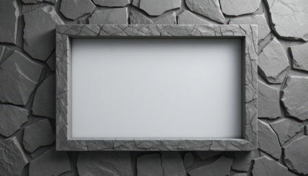 A  blank rectangular stone frame is mounted on a grey irregularly textured stone wall.の素材