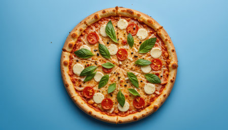 Circular pizza, beautifully arranged with fresh basil leaves, cherry tomatoes, and mozzarella cheese, presented against a vibrant blue backdrop.の素材
